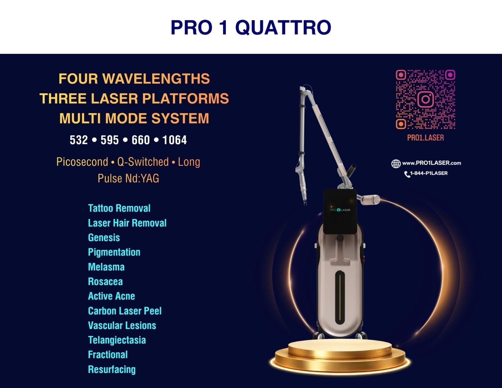 Pro 1 Quattro manufacturer product card: four wavelengths, three laser platforms, multi-mode system